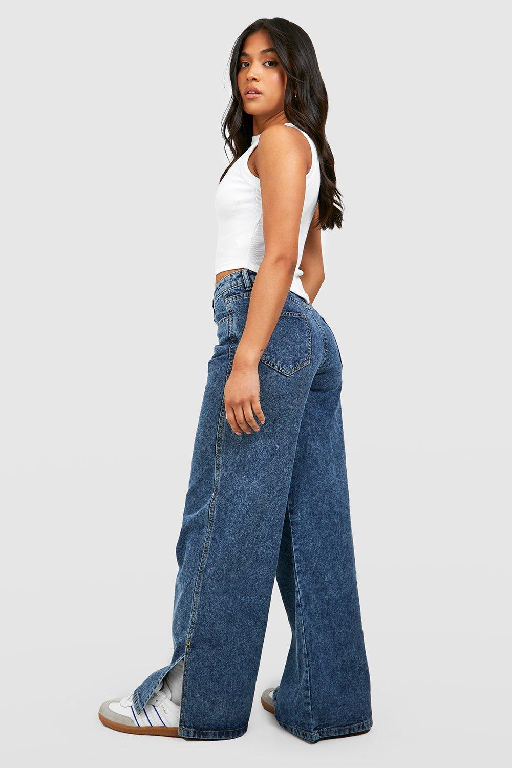 Petite Vintage Wash Split Hem Wide Leg Jeans